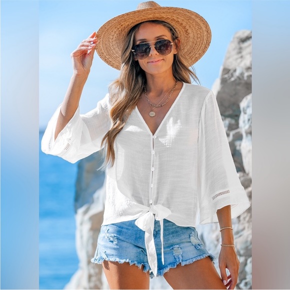 Cupshe NWOT M White Button Down TIE FRONT GAUZY BEACHY TOP - Picture 1 of 6